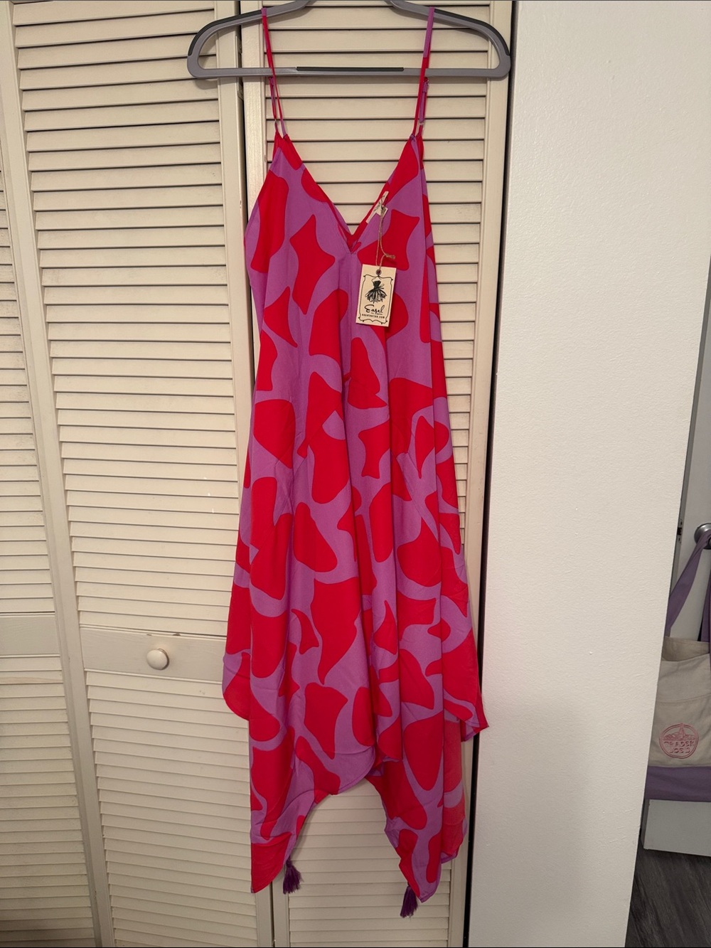 Easel Lavender Slip Dress with Red Abstract Print